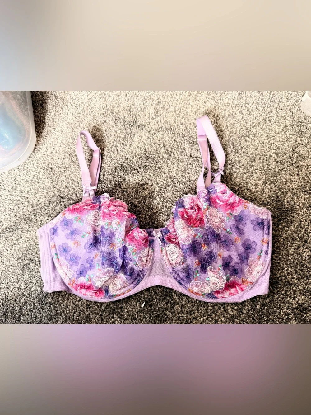 Victoria’s Secret Floral Embroidered Demi Bra 36DD Lavender Pink Mesh - Picture 3 of 6